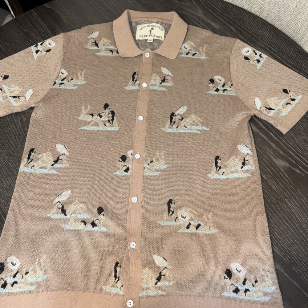 Free Planet Tan Knit Button-Down Polo Shirt with Beach Motif